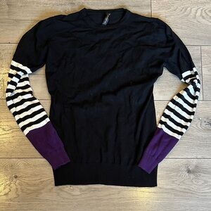 Renee C. Black Crewneck Sweater with Striped Sleeves and Purple Cuffs